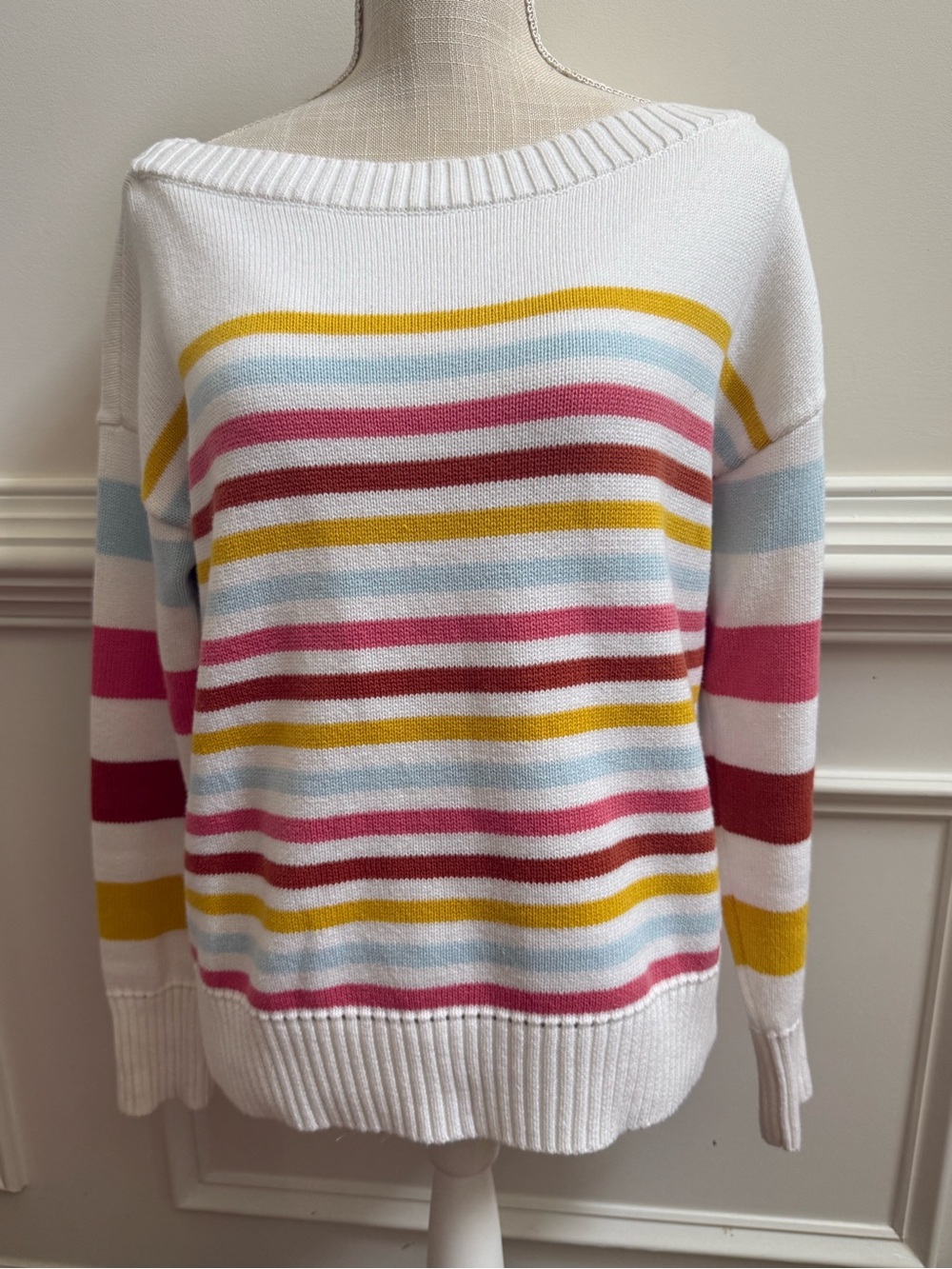 GAP Off-the-Shoulder Cream Sweater with Multicolor Stripes - Picture 6 of 9